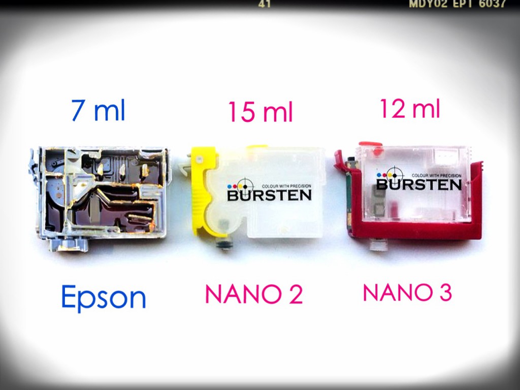 Сколько чернил вмещает в себя НАНО-картридж BURSTEN по сравнению с оригинальным картриджем Epson (дан в разрезе)